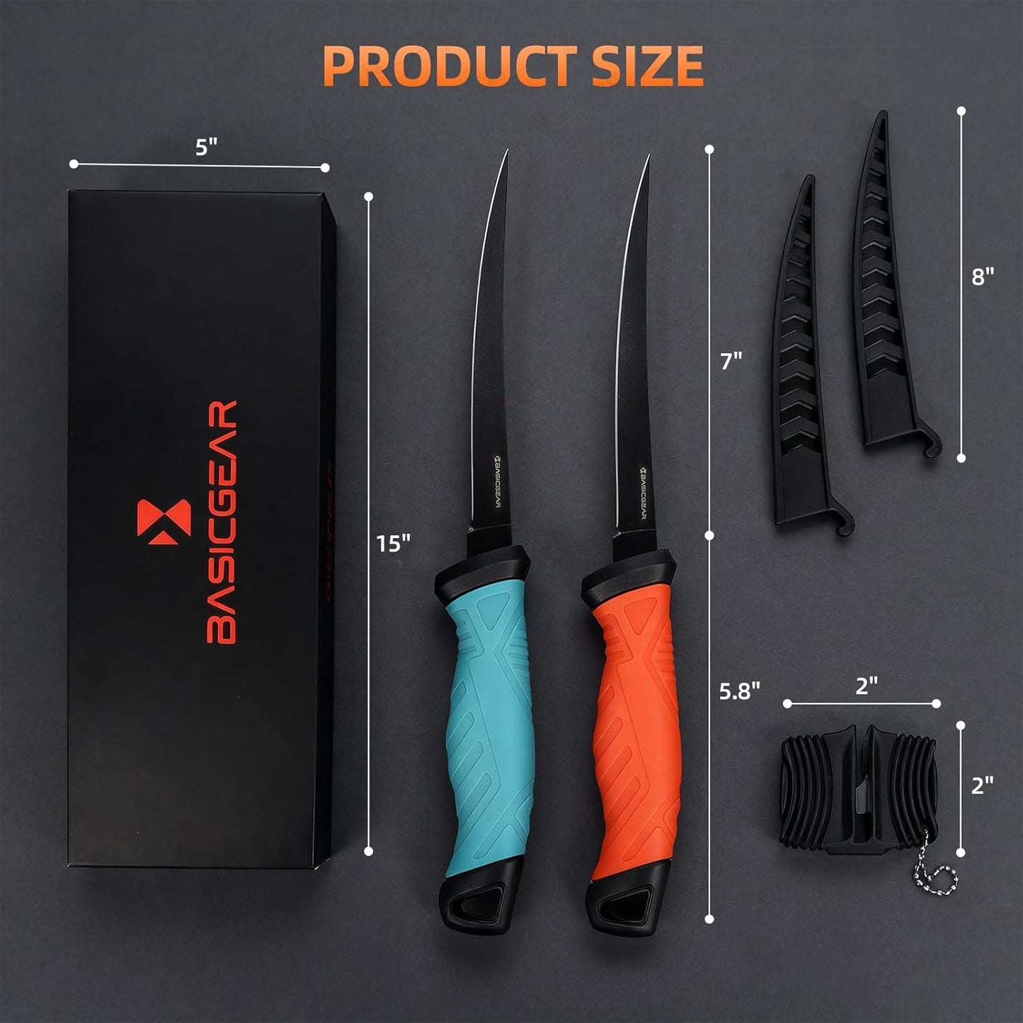 BasicGear Fishing Fillet Knife Set of 2 – 7” 440C Stainless Steel Blade with Non-Stick Coating, Ergonomic Non-Slip Handle, Sheath, and Sharpener – For all fish types