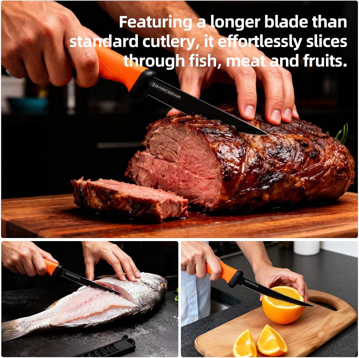 BasicGear Fishing Fillet Knife Set of 2 – 7” 440C Stainless Steel Blade with Non-Stick Coating, Ergonomic Non-Slip Handle, Sheath, and Sharpener – For all fish types