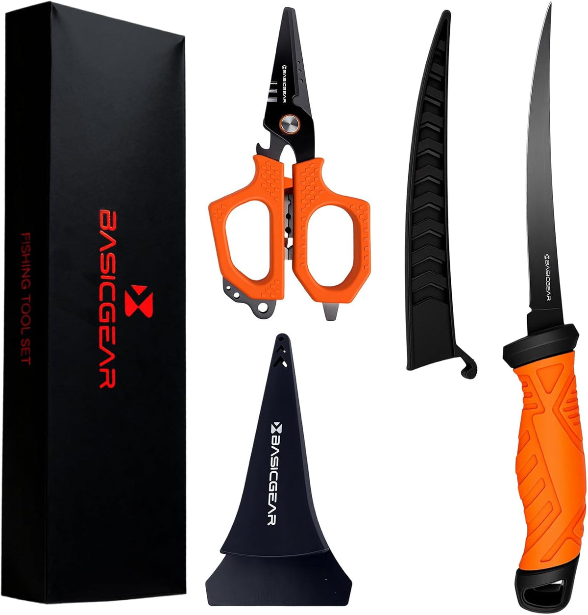 BasicGear Fishing Fillet Knife Set of 2 – 7” 440C Stainless Steel Blade with Non-Stick Coating, Ergonomic Non-Slip Handle, Sheath, and Sharpener – For all fish types