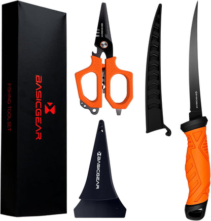 BasicGear Fishing Fillet Knife Set of 2 – 7” 440C Stainless Steel Blade with Non-Stick Coating, Ergonomic Non-Slip Handle, Sheath, and Sharpener – For all fish types