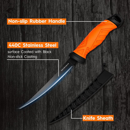 BasicGear Fishing Fillet Knife Set of 2 – 7” 440C Stainless Steel Blade with Non-Stick Coating, Ergonomic Non-Slip Handle, Sheath, and Sharpener – For all fish types