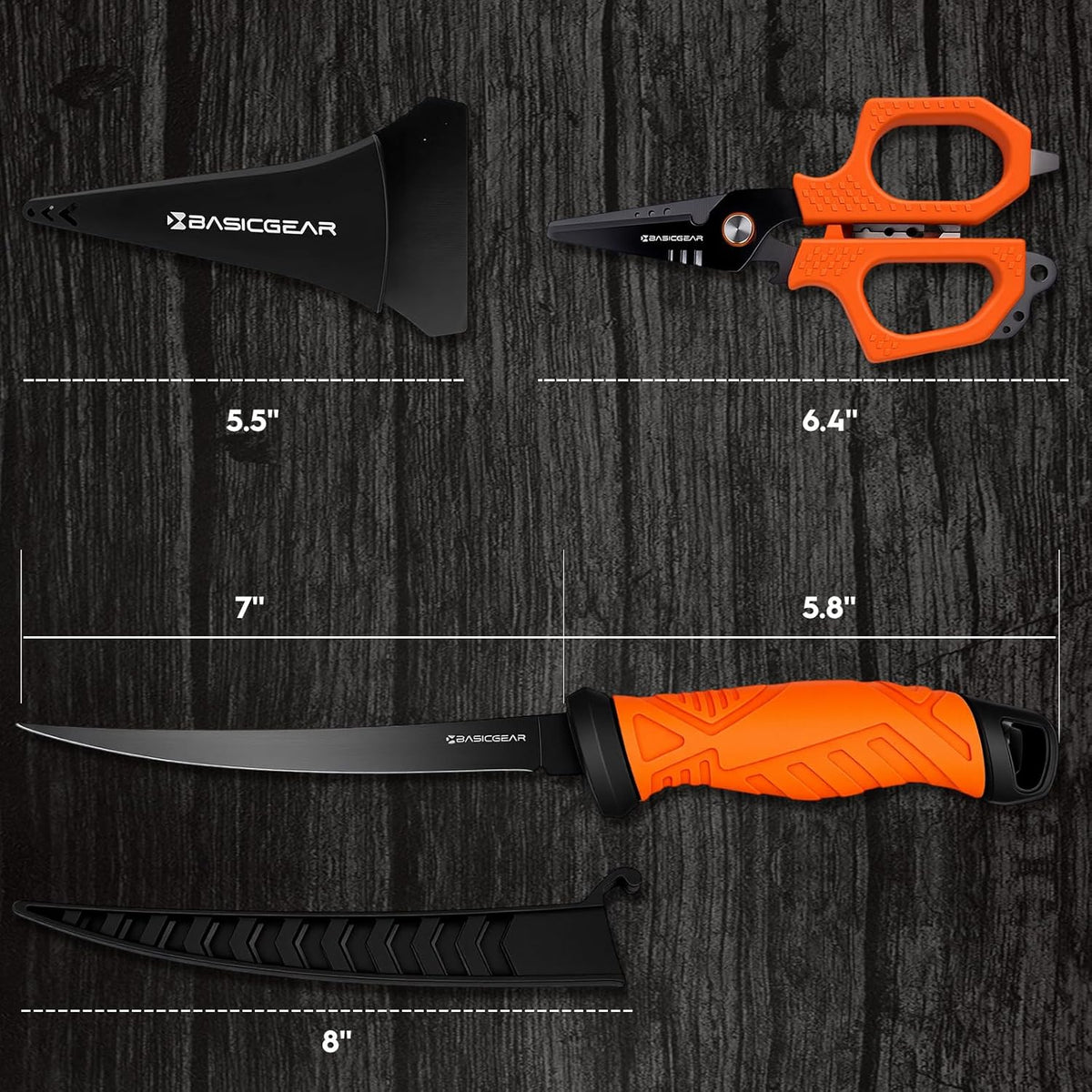 BasicGear Fishing Fillet Knife Set of 2 – 7” 440C Stainless Steel Blade with Non-Stick Coating, Ergonomic Non-Slip Handle, Sheath, and Sharpener – For all fish types
