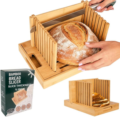 Bread Slicer for Sourdough Rounds & Homemade Bread - Round, Loaf & Baguette. Bamboo Bread Cutting Guide W/Crumb Tray - Foldable - Knife Not Included. Recommended: Serrated Knife Blade 10-12 Inches