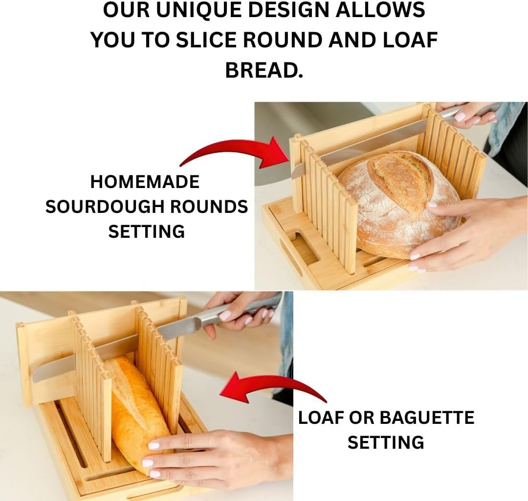 Bread Slicer for Sourdough Rounds & Homemade Bread - Round, Loaf & Baguette. Bamboo Bread Cutting Guide W/Crumb Tray - Foldable - Knife Not Included. Recommended: Serrated Knife Blade 10-12 Inches