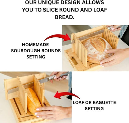 Bread Slicer for Sourdough Rounds & Homemade Bread - Round, Loaf & Baguette. Bamboo Bread Cutting Guide W/Crumb Tray - Foldable - Knife Not Included. Recommended: Serrated Knife Blade 10-12 Inches