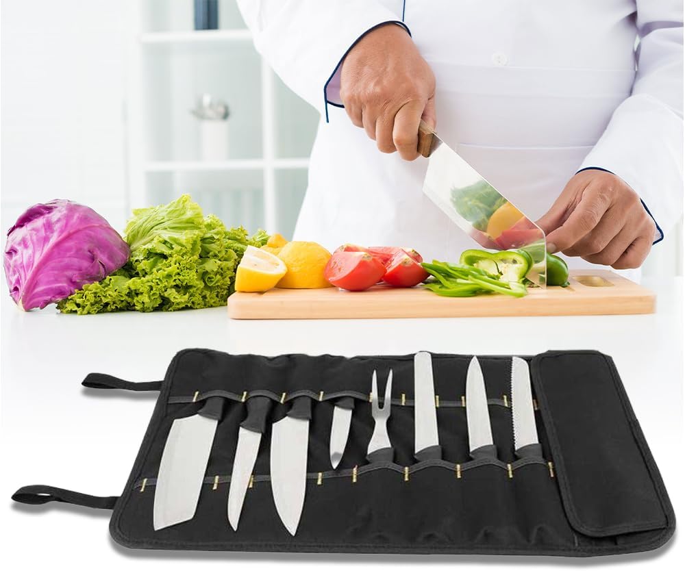 Chef Knife Roll, 20 Slot Canvas Knife Bag with Layer Shoulder Strap, Portable Knife Storage, 22.4 in Chef Knife Carrying Case, Knives Pouch for Home Kitchen Travel Camping