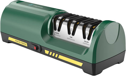 Electric Knife Sharpener for Kitchen, 3-Stage Diamond Abrasive Discs with 15° Precision Angle Guide, 120/600/1000 Grit, Fast Sharpening & Polishing for Steel Knives, Ceramic Kitchen Knives