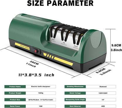 Electric Knife Sharpener for Kitchen, 3-Stage Diamond Abrasive Discs with 15° Precision Angle Guide, 120/600/1000 Grit, Fast Sharpening & Polishing for Steel Knives, Ceramic Kitchen Knives