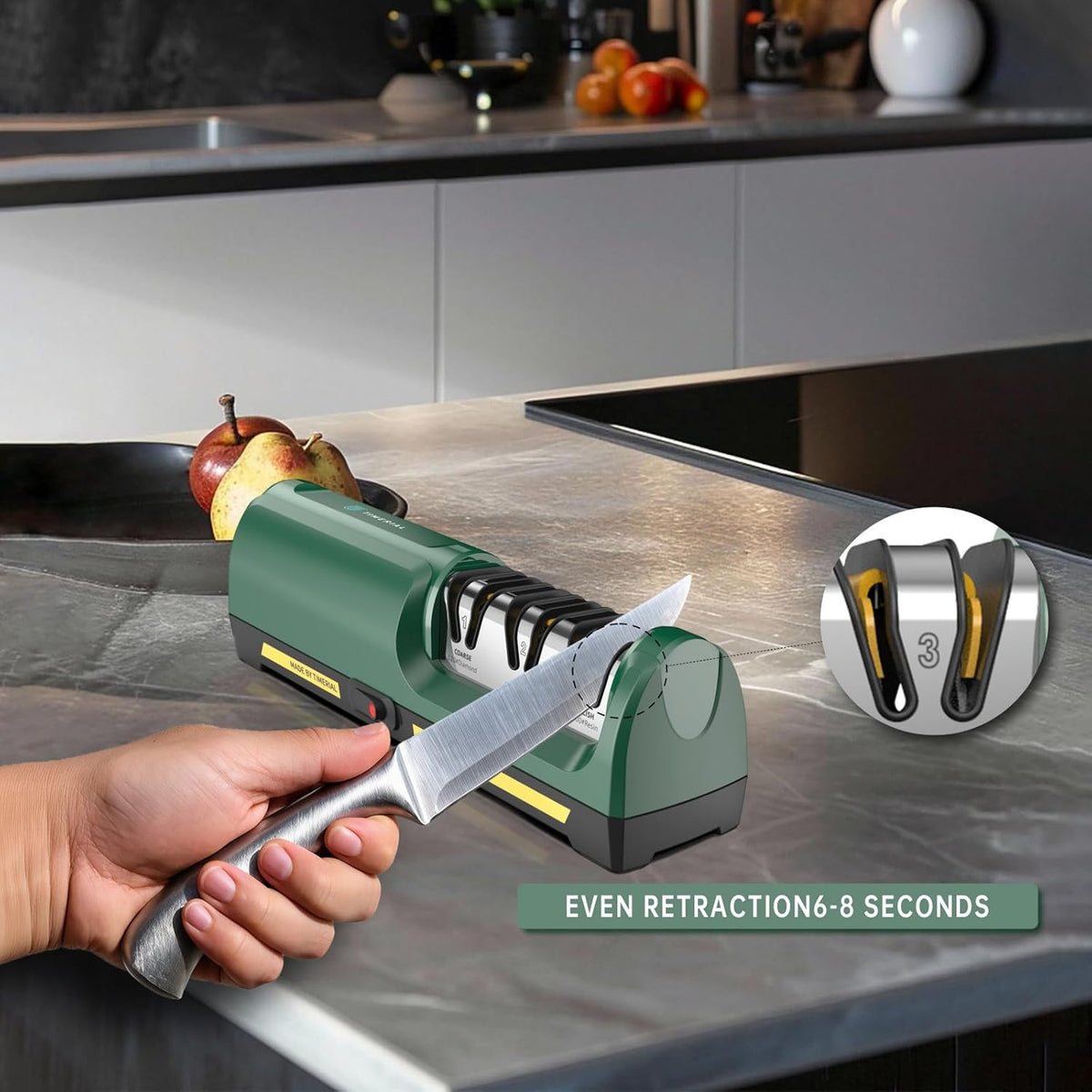 Electric Knife Sharpener for Kitchen, 3-Stage Diamond Abrasive Discs with 15° Precision Angle Guide, 120/600/1000 Grit, Fast Sharpening & Polishing for Steel Knives, Ceramic Kitchen Knives