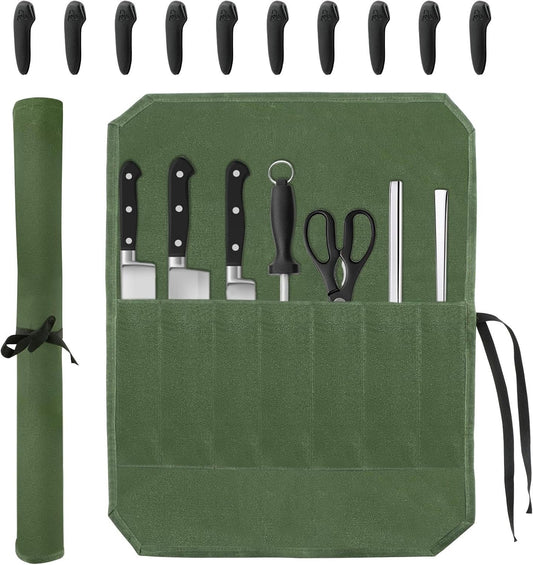 Knife Roll Bag, Ch/ef Knife Bag, Waxed Canvas Heavy Duty Knifes Pouch with 7 Slots, Ch/ef's Knifes Case Holder with Knife'Tip Protectors for Kitchen Travel Camping(COLOR:Green)