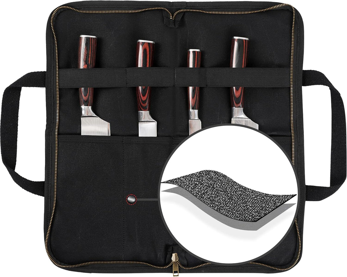 Knife Srotage Bag, Heavy Duty 16oz Waxed Canvas Knife Case with Professional Anti-Cut Fabric Lining, Portable 4 Slots Chef Knife Storage Roll Bag - Black
