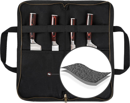 Knife Srotage Bag, Heavy Duty 16oz Waxed Canvas Knife Case with Professional Anti-Cut Fabric Lining, Portable 4 Slots Chef Knife Storage Roll Bag - Black