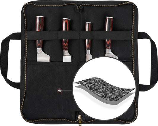 Knife Srotage Bag, Heavy Duty 16oz Waxed Canvas Knife Case with Professional Anti-Cut Fabric Lining, Portable 4 Slots Chef Knife Storage Roll Bag - Black