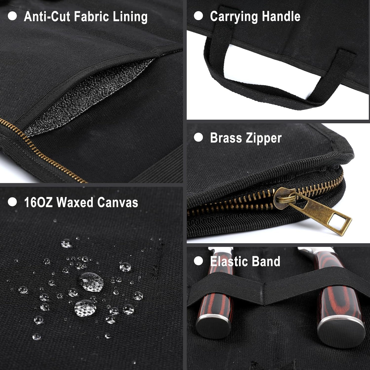 Knife Srotage Bag, Heavy Duty 16oz Waxed Canvas Knife Case with Professional Anti-Cut Fabric Lining, Portable 4 Slots Chef Knife Storage Roll Bag - Black