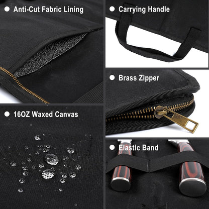Knife Srotage Bag, Heavy Duty 16oz Waxed Canvas Knife Case with Professional Anti-Cut Fabric Lining, Portable 4 Slots Chef Knife Storage Roll Bag - Black