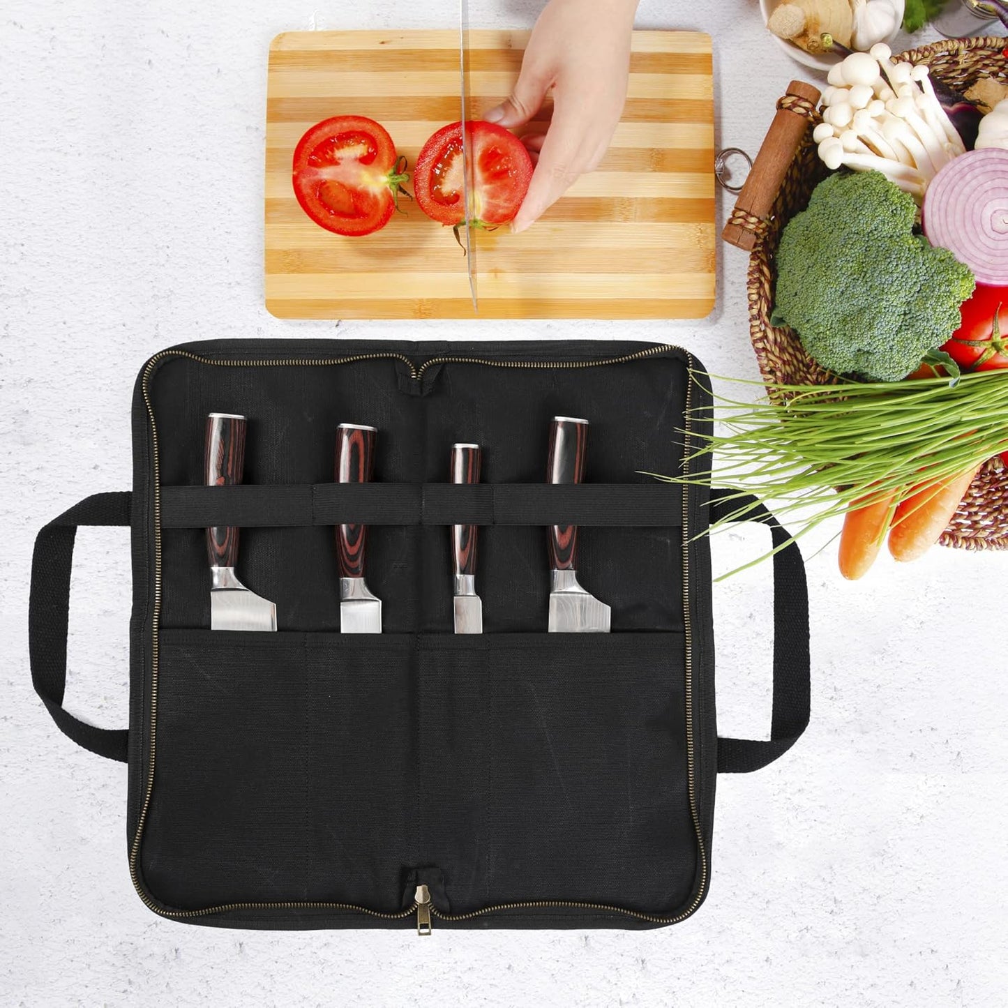 Knife Srotage Bag, Heavy Duty 16oz Waxed Canvas Knife Case with Professional Anti-Cut Fabric Lining, Portable 4 Slots Chef Knife Storage Roll Bag - Black