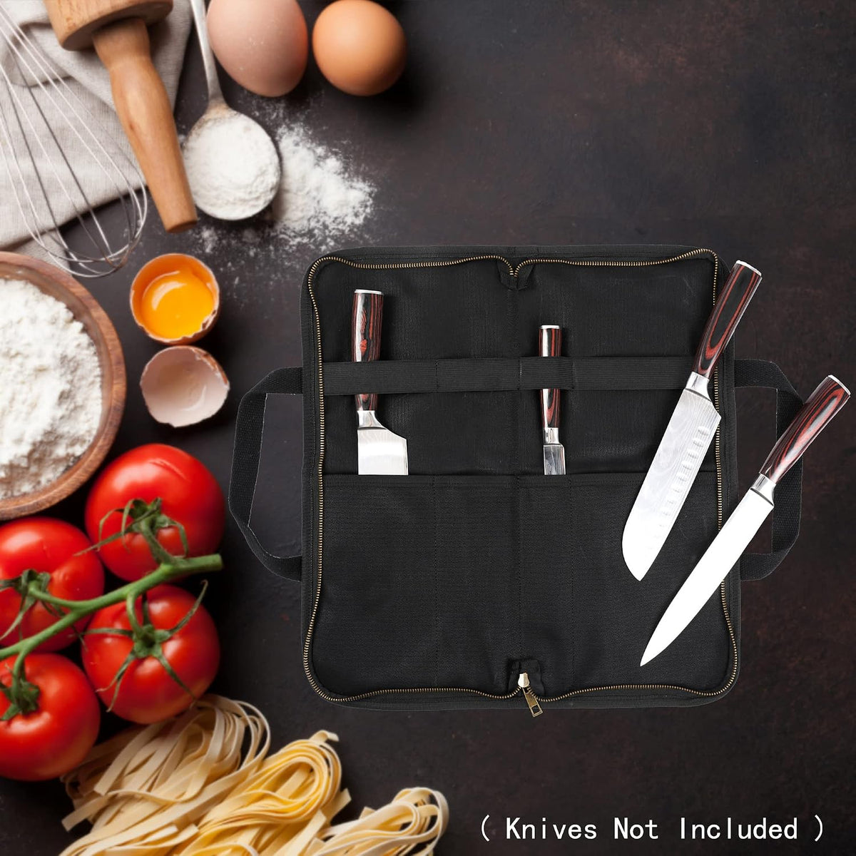 Knife Srotage Bag, Heavy Duty 16oz Waxed Canvas Knife Case with Professional Anti-Cut Fabric Lining, Portable 4 Slots Chef Knife Storage Roll Bag - Black