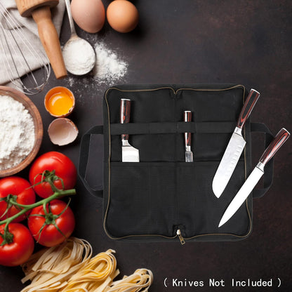 Knife Srotage Bag, Heavy Duty 16oz Waxed Canvas Knife Case with Professional Anti-Cut Fabric Lining, Portable 4 Slots Chef Knife Storage Roll Bag - Black