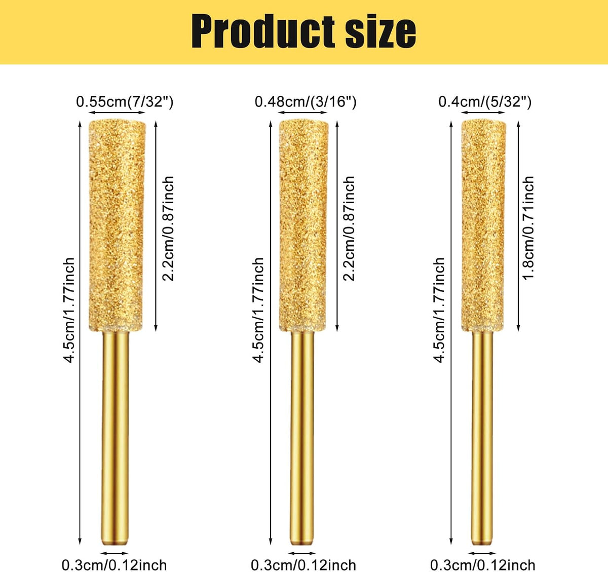 120pcs Diamond Chainsaw Sharpener Bits 1/8" Shank, 5/32'', 3/16'', 7/32'' High Hardness Titanium Plated Grinding Tool, 4mm, 4.8mm, 5.5mm Chainsaw Sharpening Kit for Chain Saw, Jewelry, Stone, Wood