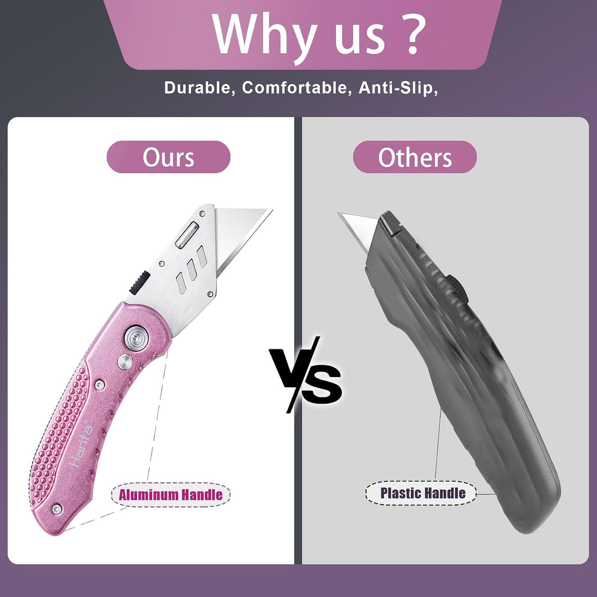 Box Cutter Retractable, Folding Utility Knife with Aluminum Handle, Heavy Duty Knife, Back-lock Mechanism, Stainless Belt Clip, for Carpet, Carton, Box, Cardboard, with 5-piece Extra Blades (Pink)