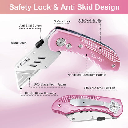 Box Cutter Retractable, Folding Utility Knife with Aluminum Handle, Heavy Duty Knife, Back-lock Mechanism, Stainless Belt Clip, for Carpet, Carton, Box, Cardboard, with 5-piece Extra Blades (Pink)