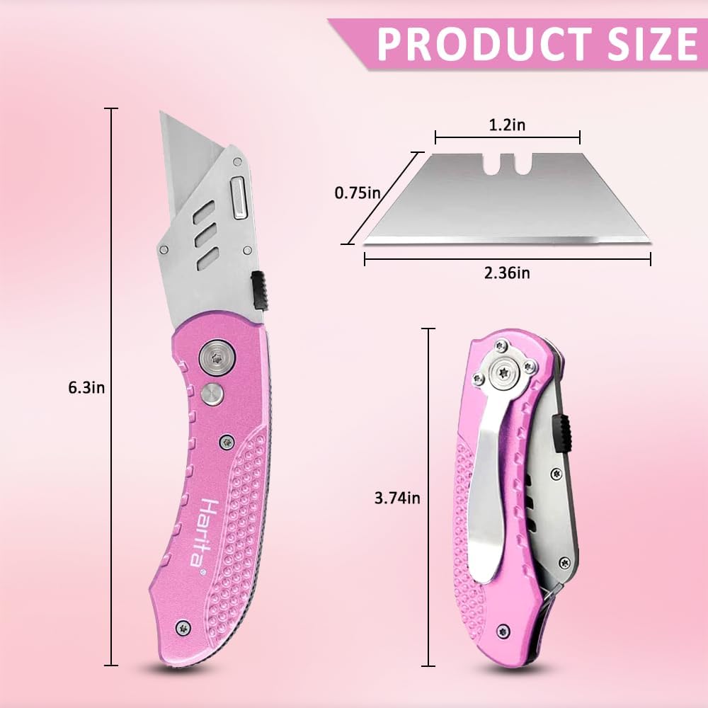 Box Cutter Retractable, Folding Utility Knife with Aluminum Handle, Heavy Duty Knife, Back-lock Mechanism, Stainless Belt Clip, for Carpet, Carton, Box, Cardboard, with 5-piece Extra Blades (Pink)