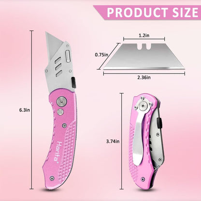 Box Cutter Retractable, Folding Utility Knife with Aluminum Handle, Heavy Duty Knife, Back-lock Mechanism, Stainless Belt Clip, for Carpet, Carton, Box, Cardboard, with 5-piece Extra Blades (Pink)