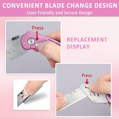 Box Cutter Retractable, Folding Utility Knife with Aluminum Handle, Heavy Duty Knife, Back-lock Mechanism, Stainless Belt Clip, for Carpet, Carton, Box, Cardboard, with 5-piece Extra Blades (Pink)