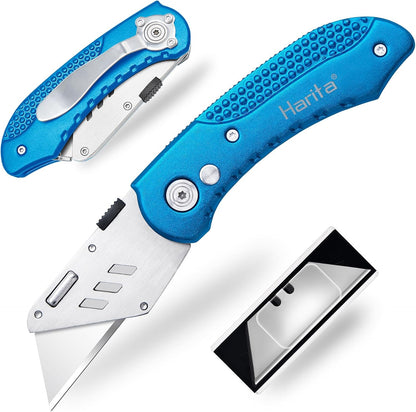 Box Cutter Retractable, Folding Utility Knife with Aluminum Handle, Heavy Duty Knife, Back-lock Mechanism, Stainless Belt Clip, for Carpet, Carton, Box, Cardboard, with 5-piece Extra Blades (Pink)