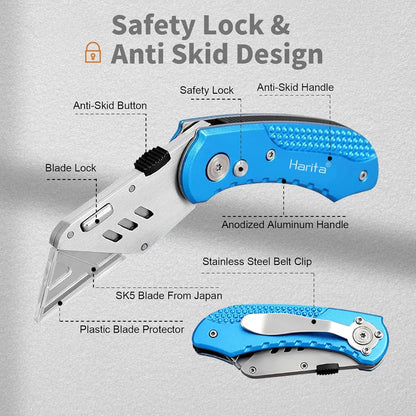 Box Cutter Retractable, Folding Utility Knife with Aluminum Handle, Heavy Duty Knife, Back-lock Mechanism, Stainless Belt Clip, for Carpet, Carton, Box, Cardboard, with 5-piece Extra Blades (Pink)