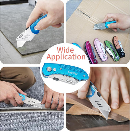 Box Cutter Retractable, Folding Utility Knife with Aluminum Handle, Heavy Duty Knife, Back-lock Mechanism, Stainless Belt Clip, for Carpet, Carton, Box, Cardboard, with 5-piece Extra Blades (Pink)