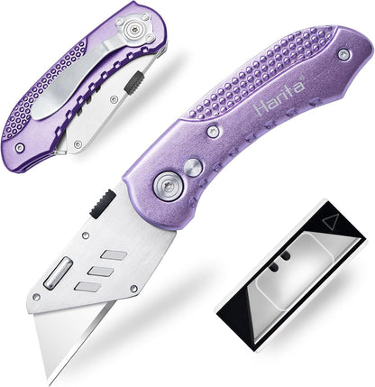 Box Cutter Retractable, Folding Utility Knife with Aluminum Handle, Heavy Duty Knife, Back-lock Mechanism, Stainless Belt Clip, for Carpet, Carton, Box, Cardboard, with 5-piece Extra Blades (Pink)