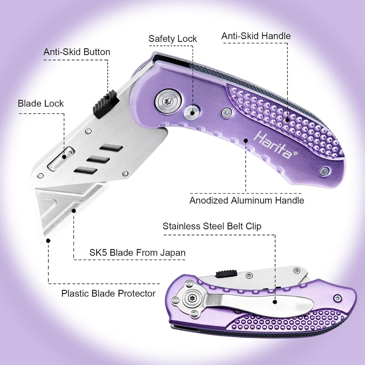 Box Cutter Retractable, Folding Utility Knife with Aluminum Handle, Heavy Duty Knife, Back-lock Mechanism, Stainless Belt Clip, for Carpet, Carton, Box, Cardboard, with 5-piece Extra Blades (Pink)