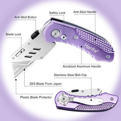 Box Cutter Retractable, Folding Utility Knife with Aluminum Handle, Heavy Duty Knife, Back-lock Mechanism, Stainless Belt Clip, for Carpet, Carton, Box, Cardboard, with 5-piece Extra Blades (Pink)