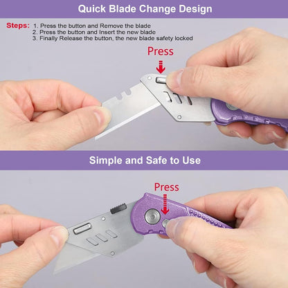 Box Cutter Retractable, Folding Utility Knife with Aluminum Handle, Heavy Duty Knife, Back-lock Mechanism, Stainless Belt Clip, for Carpet, Carton, Box, Cardboard, with 5-piece Extra Blades (Pink)