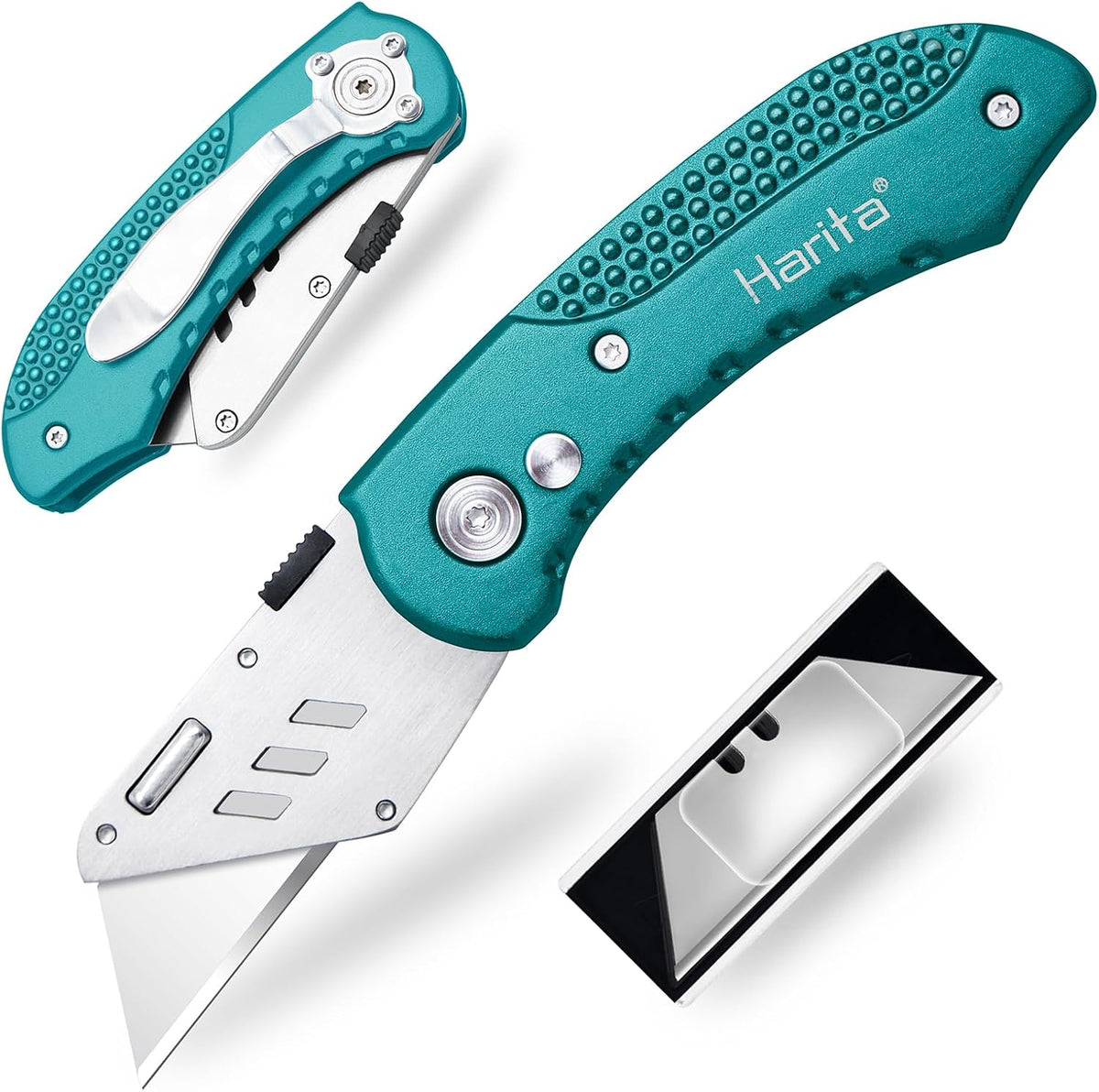 Box Cutter Retractable, Folding Utility Knife with Aluminum Handle, Heavy Duty Knife, Back-lock Mechanism, Stainless Belt Clip, for Carpet, Carton, Box, Cardboard, with 5-piece Extra Blades (Pink)