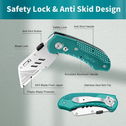 Box Cutter Retractable, Folding Utility Knife with Aluminum Handle, Heavy Duty Knife, Back-lock Mechanism, Stainless Belt Clip, for Carpet, Carton, Box, Cardboard, with 5-piece Extra Blades (Pink)