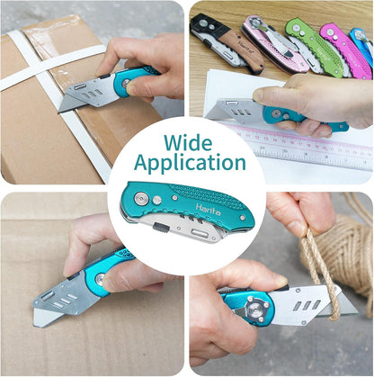 Box Cutter Retractable, Folding Utility Knife with Aluminum Handle, Heavy Duty Knife, Back-lock Mechanism, Stainless Belt Clip, for Carpet, Carton, Box, Cardboard, with 5-piece Extra Blades (Pink)