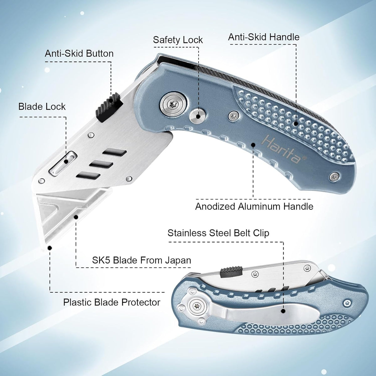 Box Cutter Retractable, Folding Utility Knife with Aluminum Handle, Heavy Duty Knife, Back-lock Mechanism, Stainless Belt Clip, for Carpet, Carton, Box, Cardboard, with 5-piece Extra Blades (Pink)