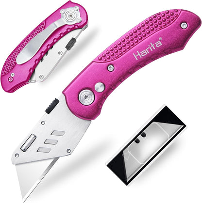 Box Cutter Retractable, Folding Utility Knife with Aluminum Handle, Heavy Duty Knife, Back-lock Mechanism, Stainless Belt Clip, for Carpet, Carton, Box, Cardboard, with 5-piece Extra Blades (Pink)
