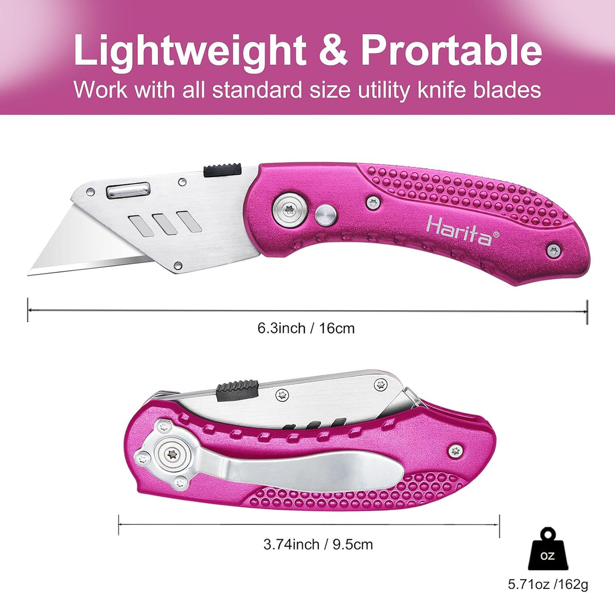 Box Cutter Retractable, Folding Utility Knife with Aluminum Handle, Heavy Duty Knife, Back-lock Mechanism, Stainless Belt Clip, for Carpet, Carton, Box, Cardboard, with 5-piece Extra Blades (Pink)