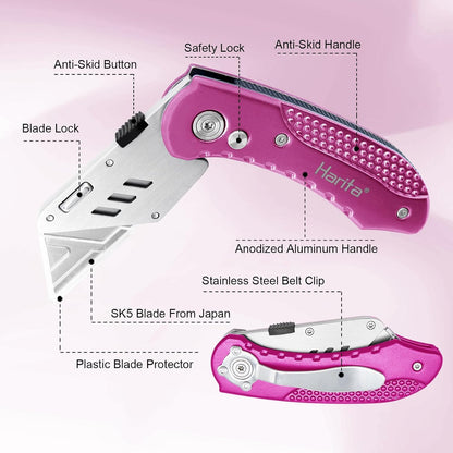 Box Cutter Retractable, Folding Utility Knife with Aluminum Handle, Heavy Duty Knife, Back-lock Mechanism, Stainless Belt Clip, for Carpet, Carton, Box, Cardboard, with 5-piece Extra Blades (Pink)