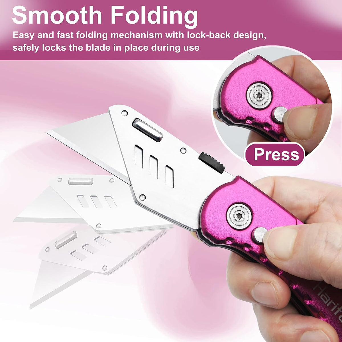 Box Cutter Retractable, Folding Utility Knife with Aluminum Handle, Heavy Duty Knife, Back-lock Mechanism, Stainless Belt Clip, for Carpet, Carton, Box, Cardboard, with 5-piece Extra Blades (Pink)