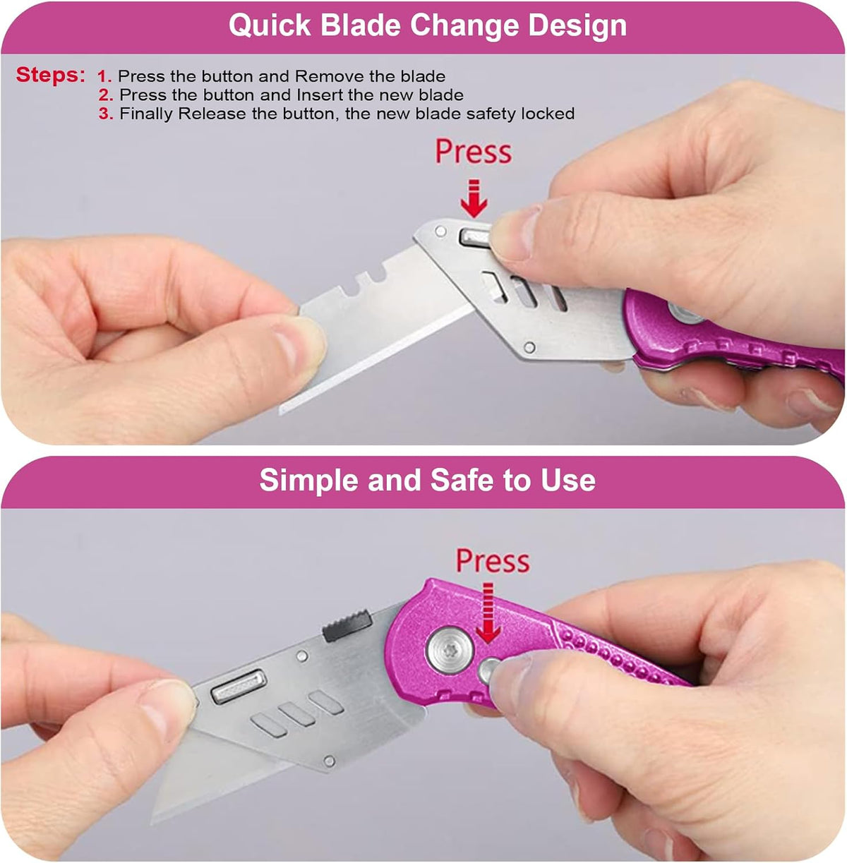 Box Cutter Retractable, Folding Utility Knife with Aluminum Handle, Heavy Duty Knife, Back-lock Mechanism, Stainless Belt Clip, for Carpet, Carton, Box, Cardboard, with 5-piece Extra Blades (Pink)