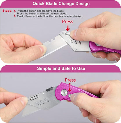 Box Cutter Retractable, Folding Utility Knife with Aluminum Handle, Heavy Duty Knife, Back-lock Mechanism, Stainless Belt Clip, for Carpet, Carton, Box, Cardboard, with 5-piece Extra Blades (Pink)