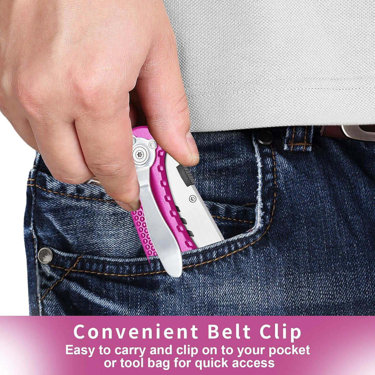 Box Cutter Retractable, Folding Utility Knife with Aluminum Handle, Heavy Duty Knife, Back-lock Mechanism, Stainless Belt Clip, for Carpet, Carton, Box, Cardboard, with 5-piece Extra Blades (Pink)