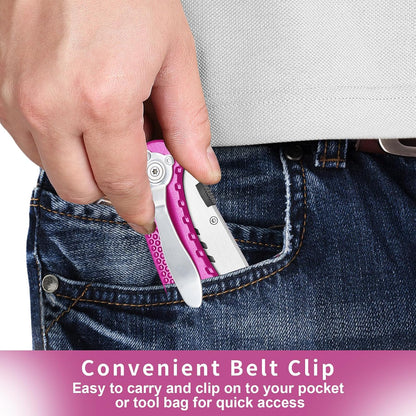 Box Cutter Retractable, Folding Utility Knife with Aluminum Handle, Heavy Duty Knife, Back-lock Mechanism, Stainless Belt Clip, for Carpet, Carton, Box, Cardboard, with 5-piece Extra Blades (Pink)