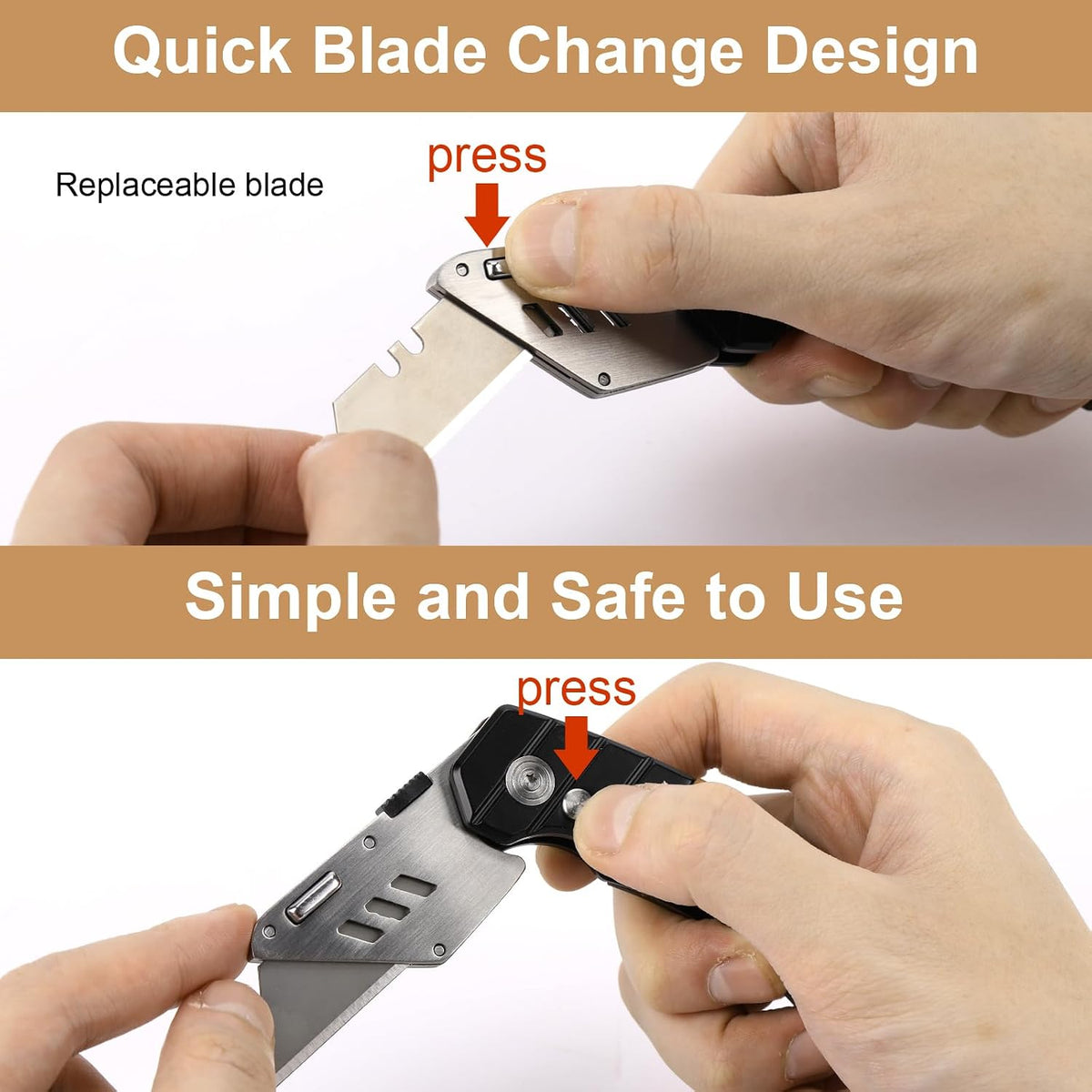 Box Cutter Retractable, Folding Utility Knife with Aluminum Handle, Heavy Duty Knife, Back-lock Mechanism, Stainless Belt Clip, for Carpet, Carton, Box, Cardboard, with 5-piece Extra Blades (Pink)