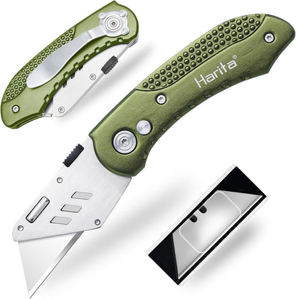 Box Cutter Retractable, Folding Utility Knife with Aluminum Handle, Heavy Duty Knife, Back-lock Mechanism, Stainless Belt Clip, for Carpet, Carton, Box, Cardboard, with 5-piece Extra Blades (Pink)