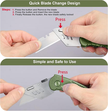 Box Cutter Retractable, Folding Utility Knife with Aluminum Handle, Heavy Duty Knife, Back-lock Mechanism, Stainless Belt Clip, for Carpet, Carton, Box, Cardboard, with 5-piece Extra Blades (Pink)